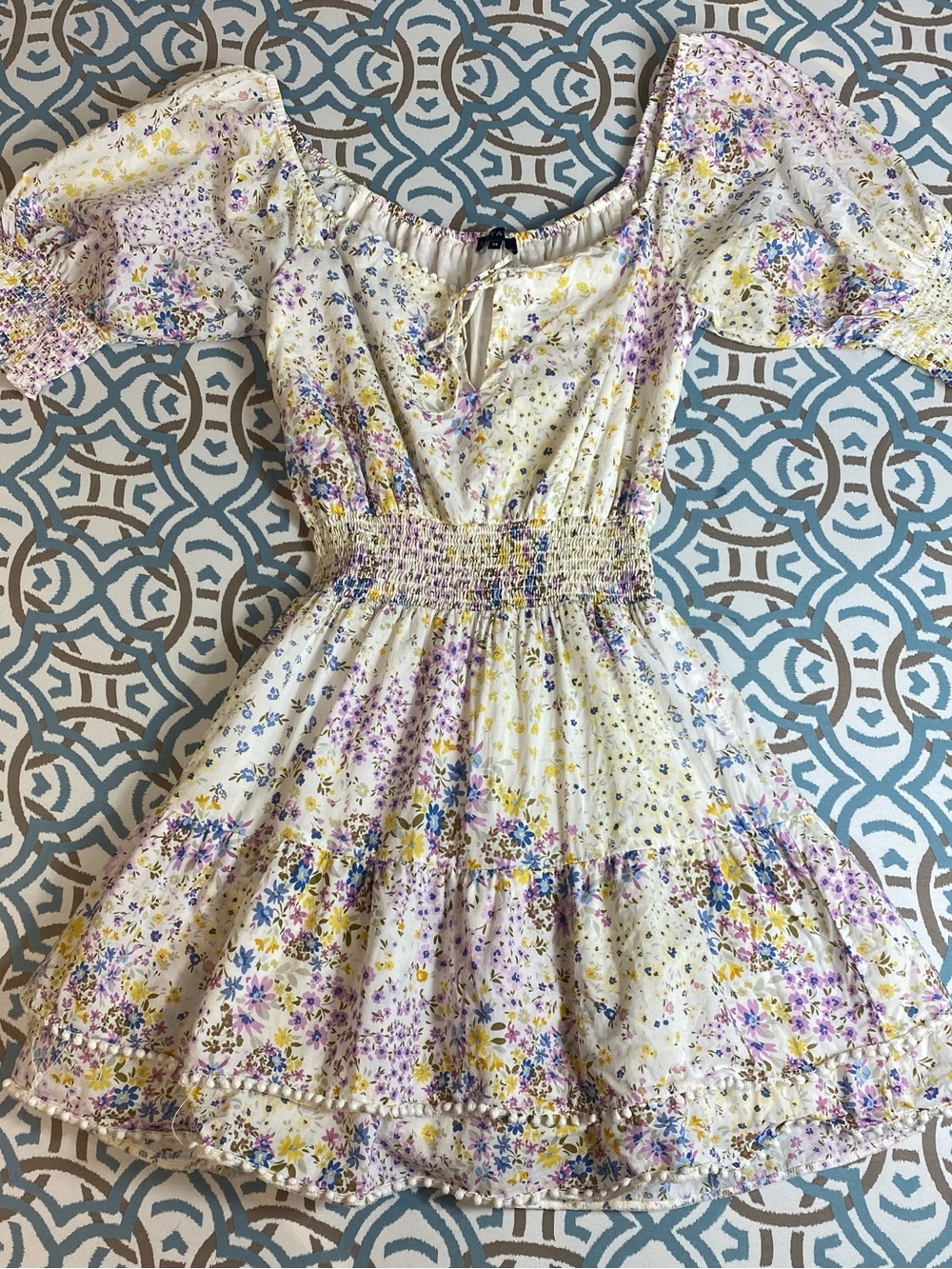 1. State Off-Shoulder Floral Mini Dress in White with Purple & Yellow